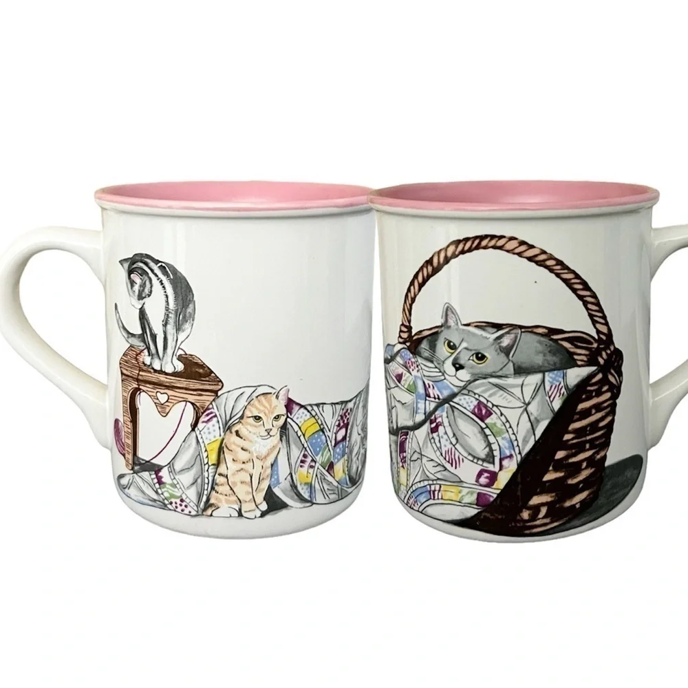 Vintage Polpourri Press Purr Fect 1992 Cats in Basket with Quilt Graphic Mug